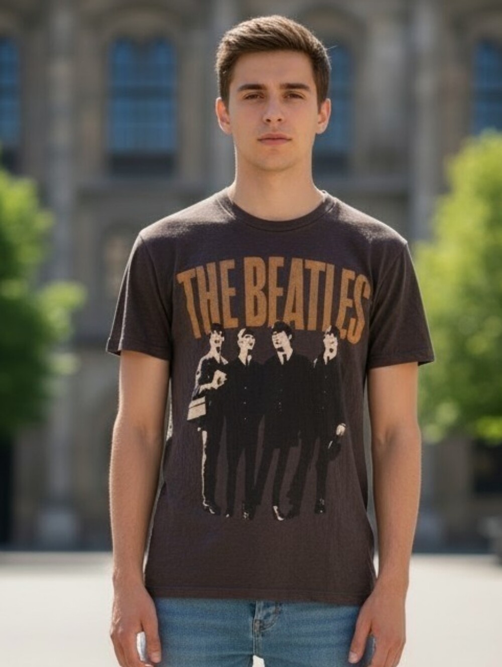 The Beatles Short Sleeve Tee in Charcoal with Tan Graphic